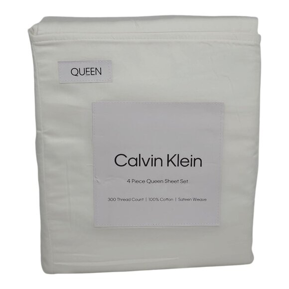 Calvin Klein 4 Piece Queen Sheet Set 100% Cotton Sateen Fits Mattress 18" Deep - Picture 1 of 8